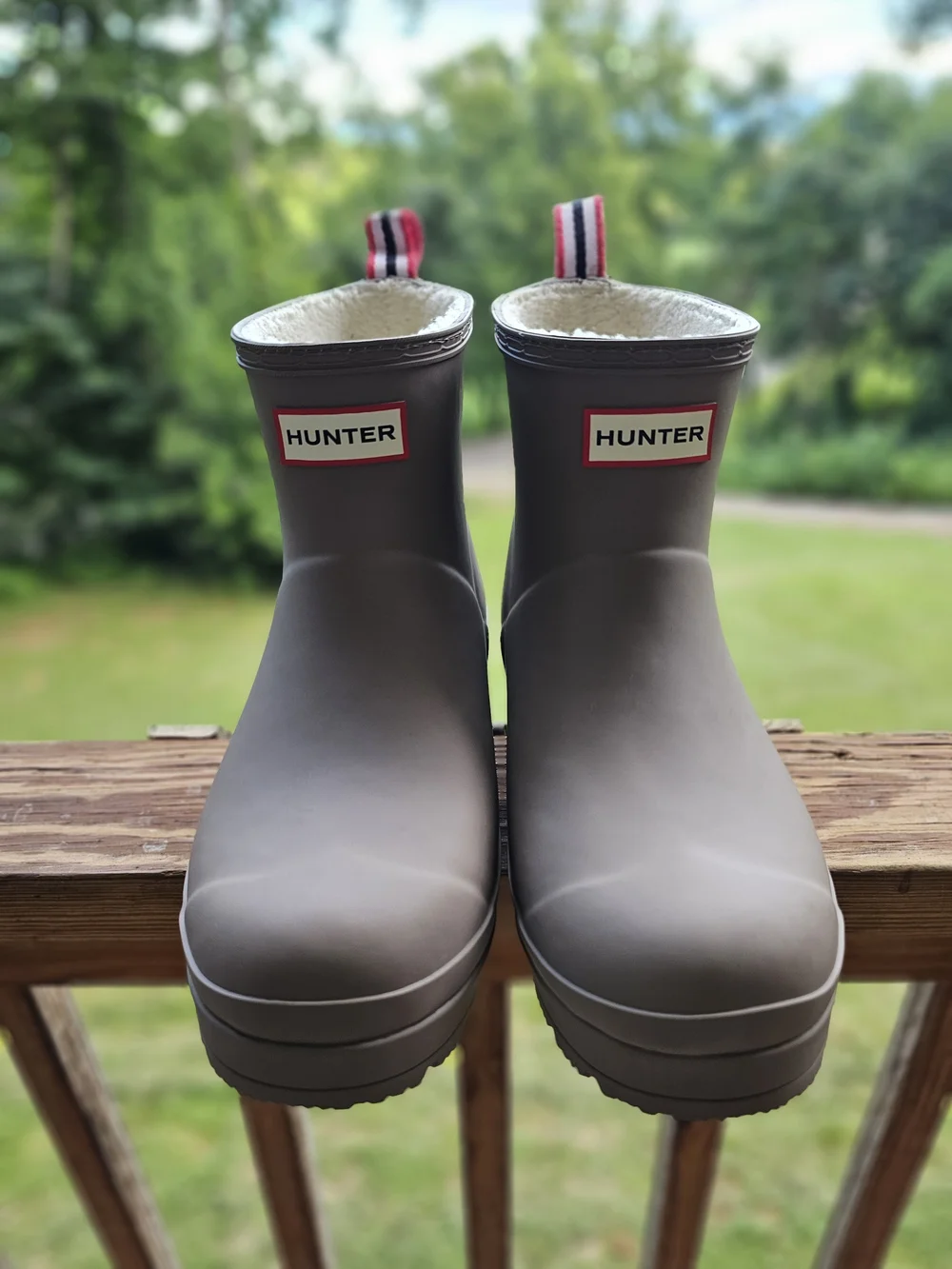 Hunter Short Rain Boots in Taupe with Red-White-Navy Pull Tabs